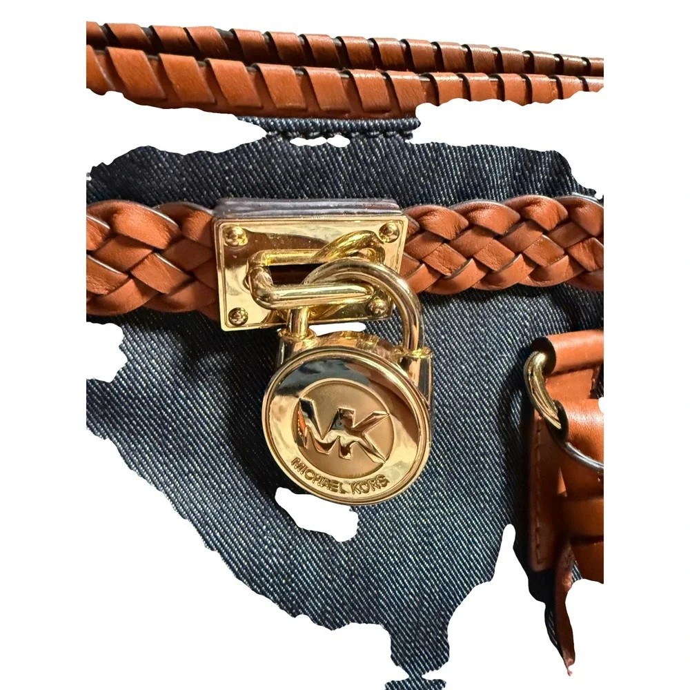 Michael Kors Hamilton Whipstitch Denim Leather Satchel Shoulder Bag Purse